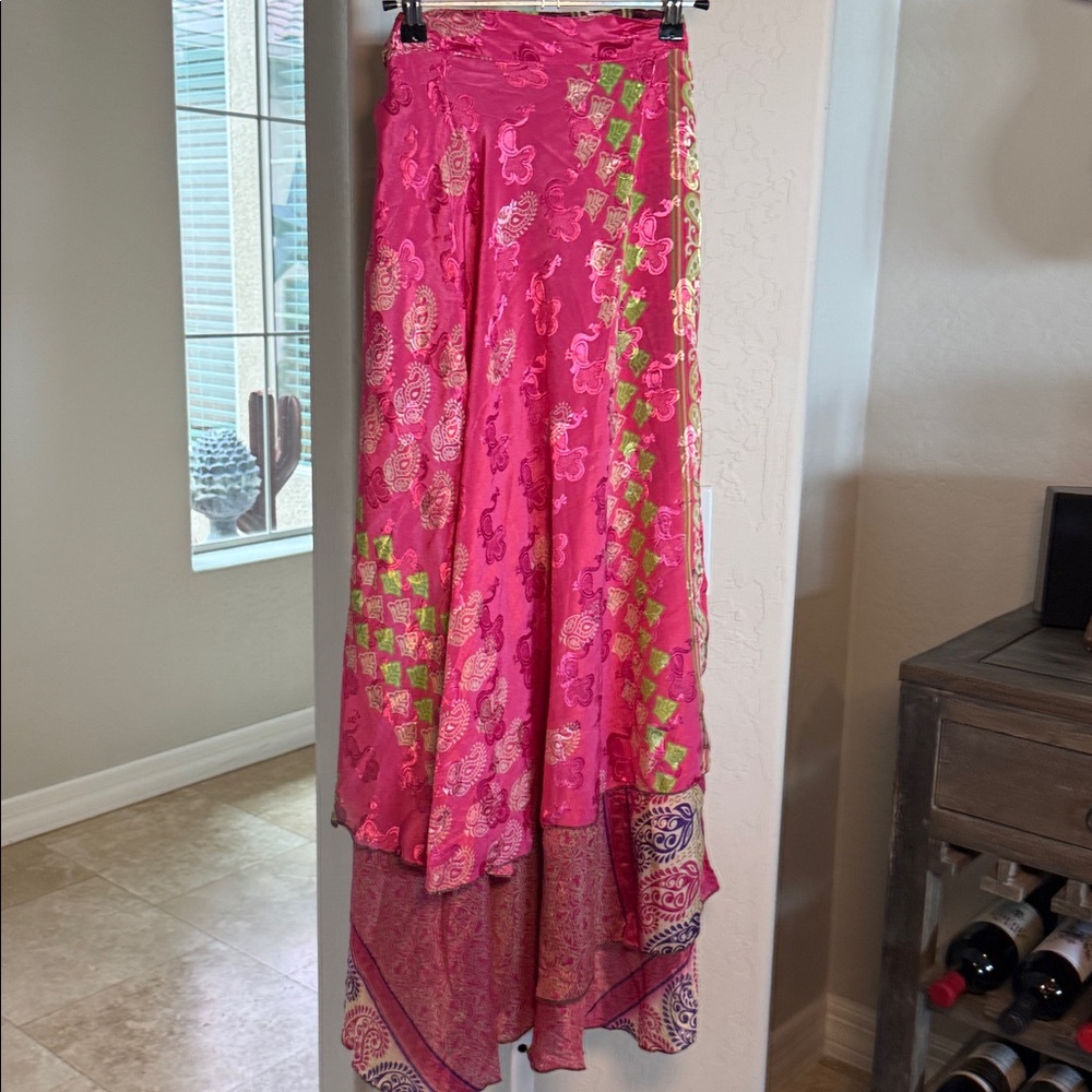 RHEA PRINTED WRAP SKIRT IN MULTI PINK AND GREEN INDIAN PRINT Reversible - Picture 5 of 10
